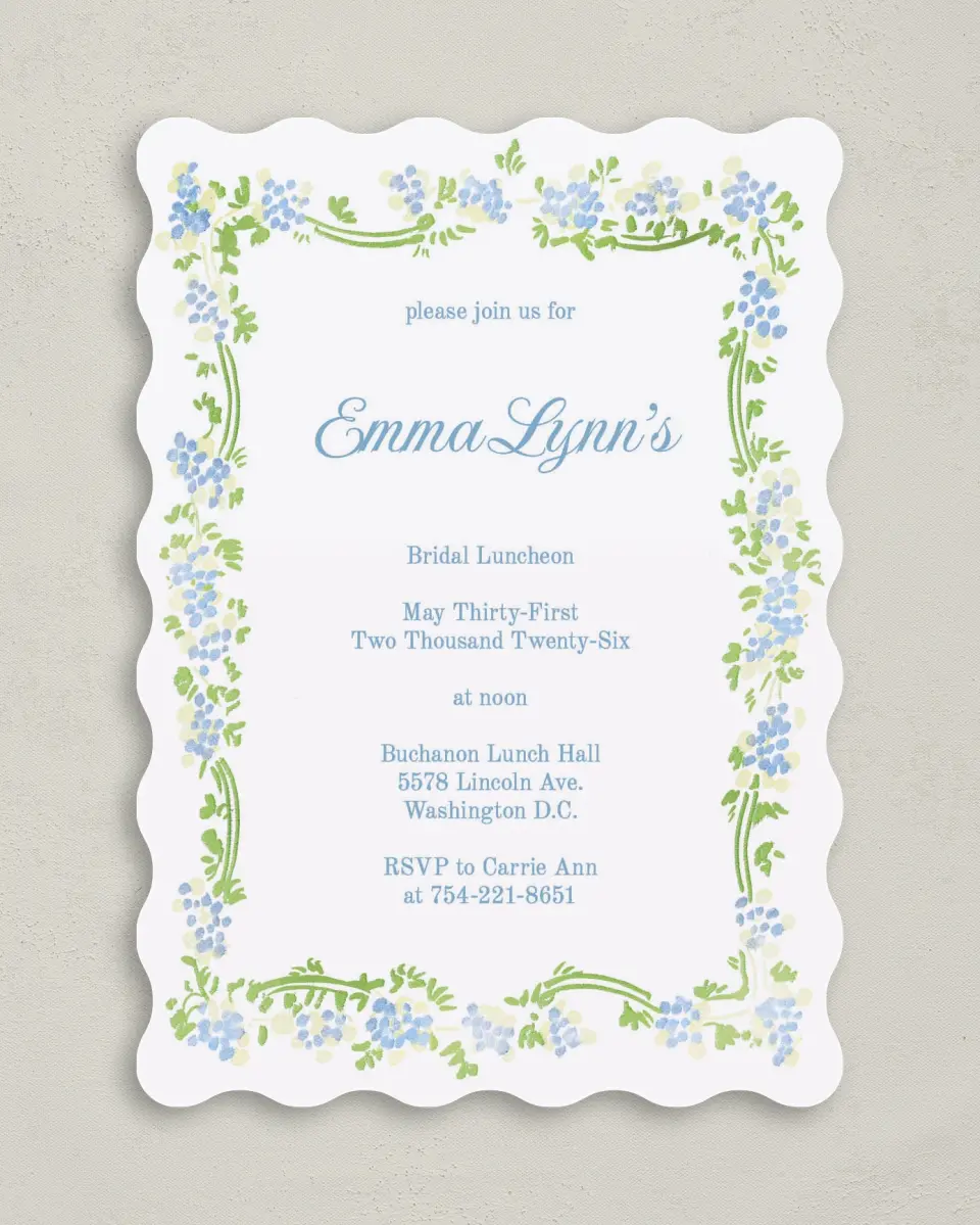 This is a 5" x 7" Bridal Shower Invitation called Bright Bride printed in full color with Rose Gold foil on Luxe Satin (coated) paper