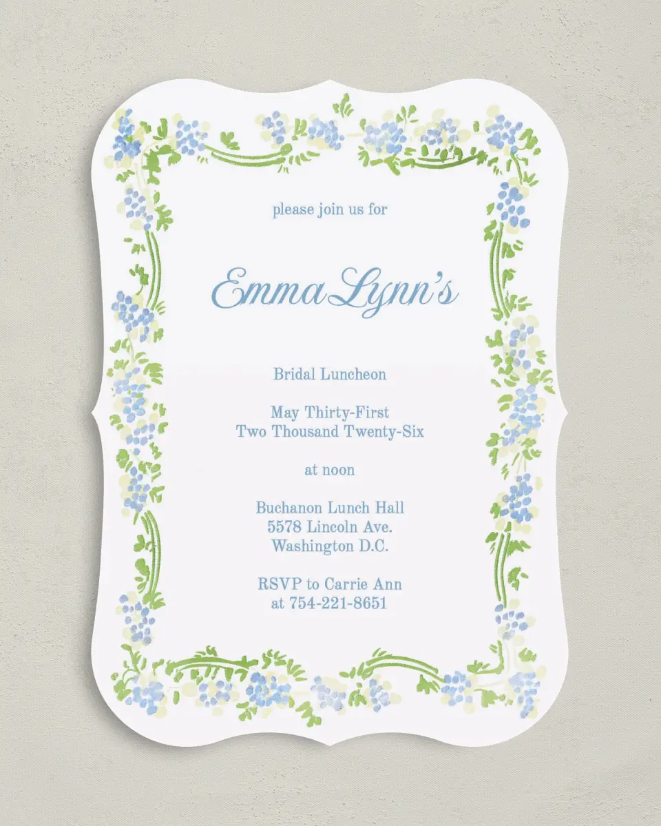 This is a 5" x 7" Bridal Shower Invitation called Bright Bride printed in full color with Rose Gold foil on Luxe Satin (coated) paper