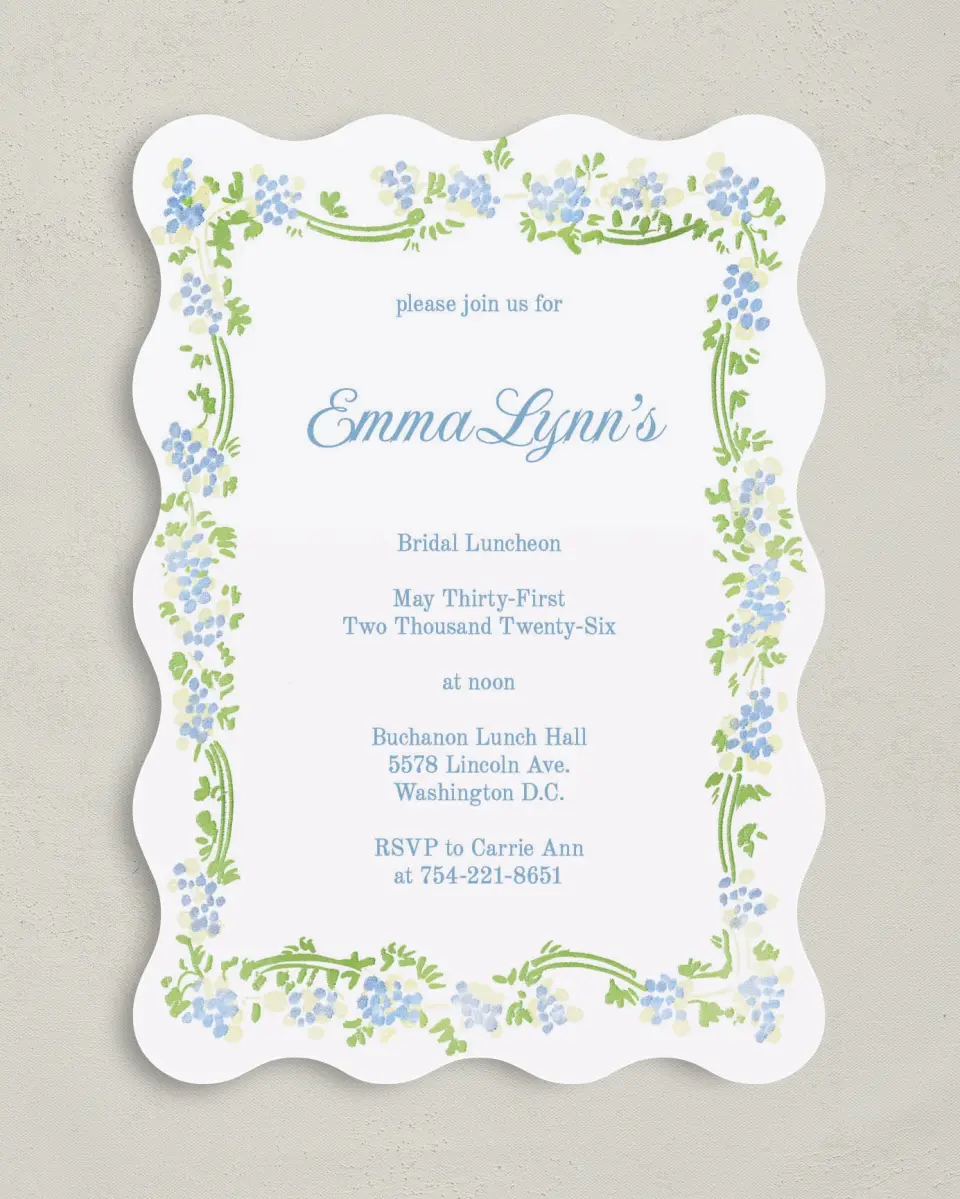 This is a 5" x 7" Bridal Shower Invitation called Bright Bride printed in full color with Rose Gold foil on Luxe Satin (coated) paper