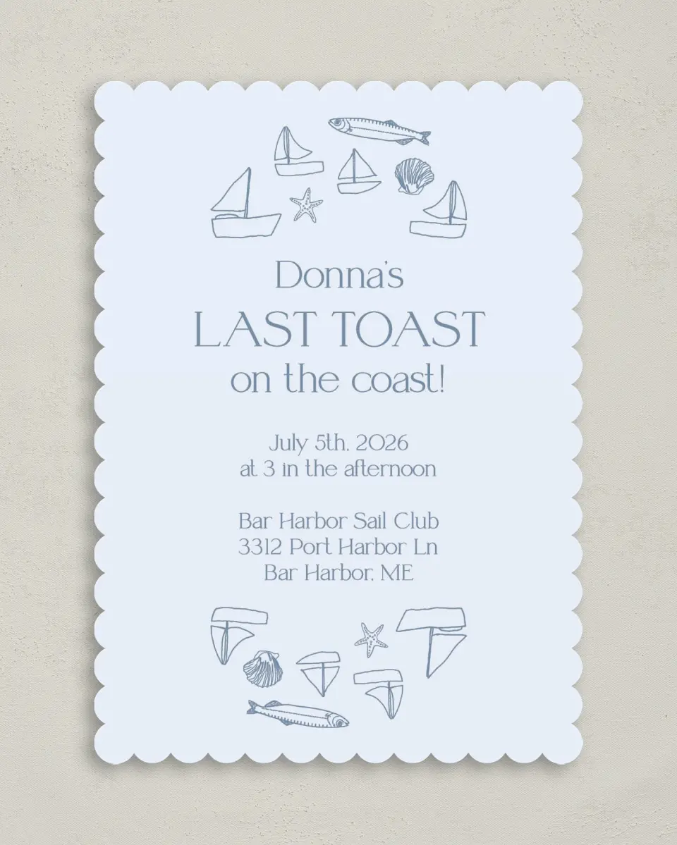 This is a 5" x 7" Bridal Shower Invitation called Last Toast printed in full color with Rose Gold foil on Luxe Satin (coated) paper