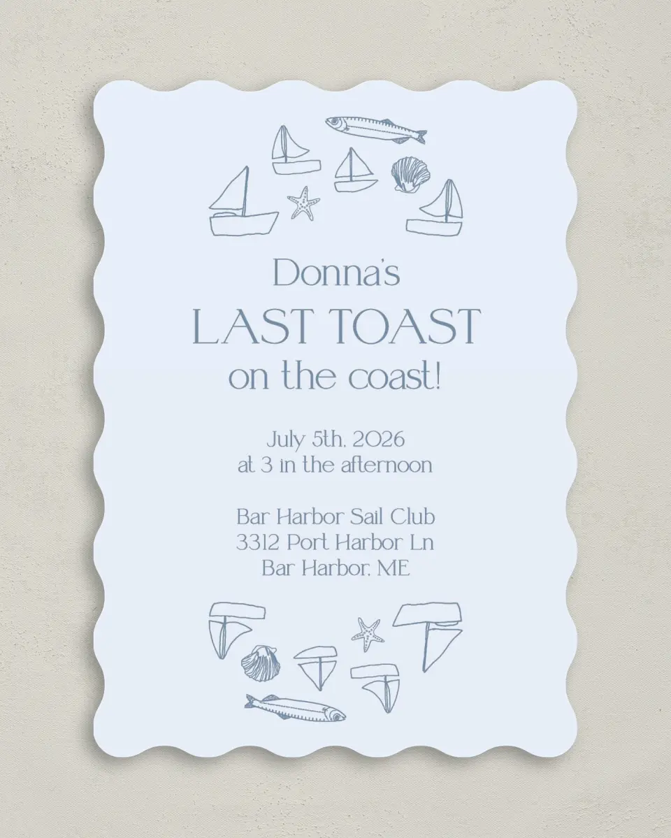 This is a 5" x 7" Bridal Shower Invitation called Last Toast printed in full color on Premium Smooth paper