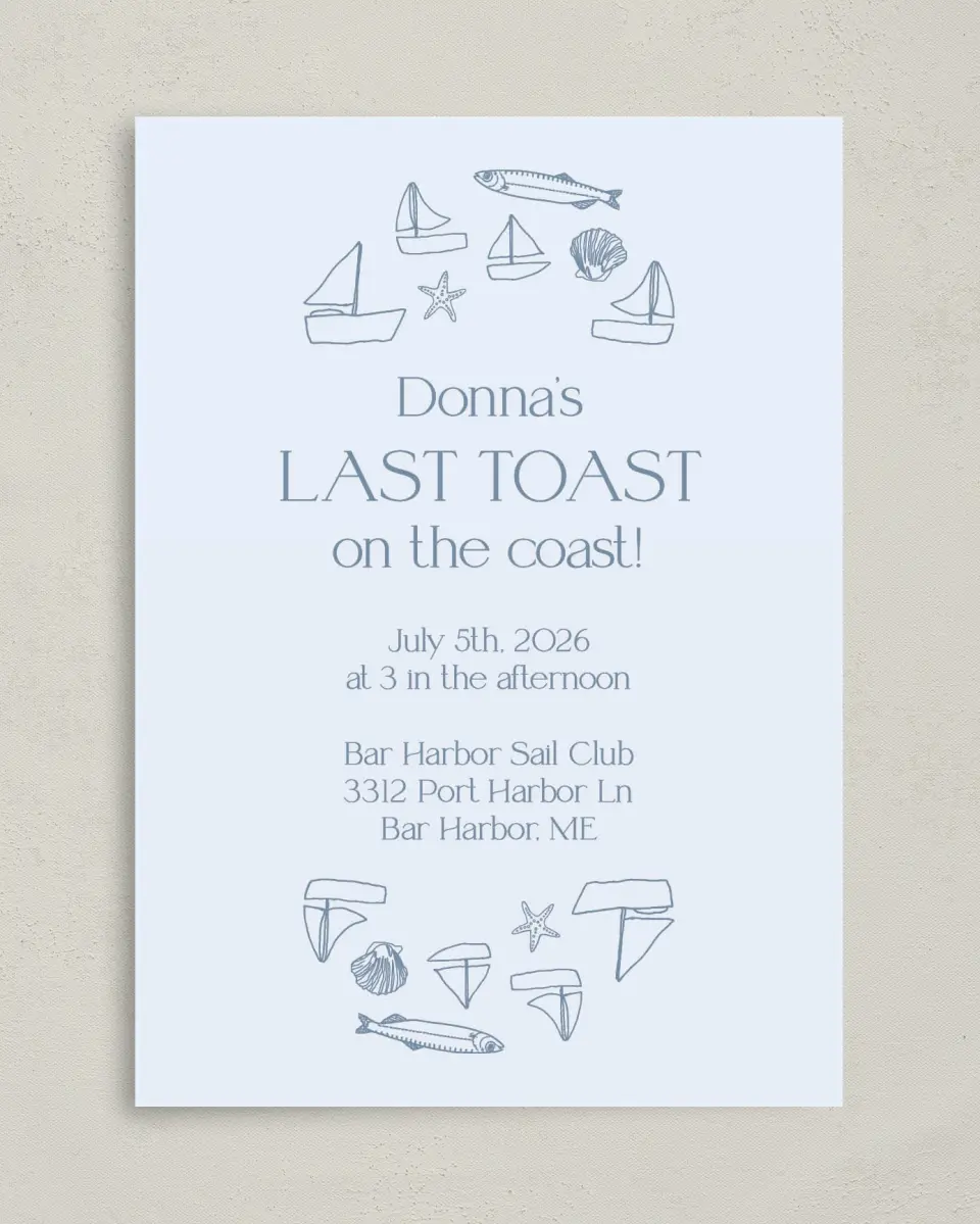 This is a 5" x 7" Bridal Shower Invitation called Last Toast printed in full color with Silver foil on Luxe Satin (coated) paper