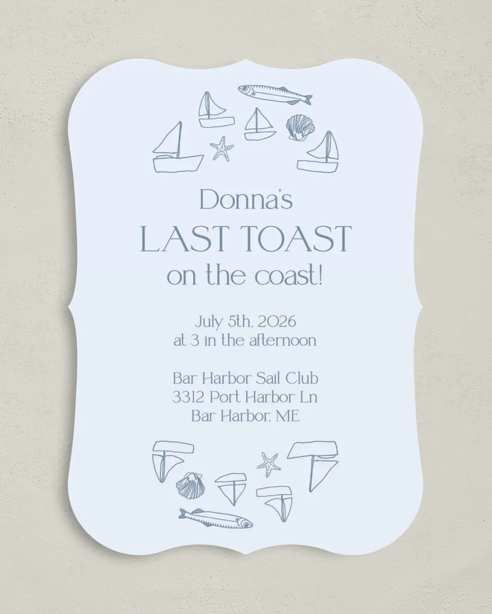 This is a 5" x 7" Bridal Shower Invitation called Last Toast printed in full color with Silver foil on Luxe Satin (coated) paper