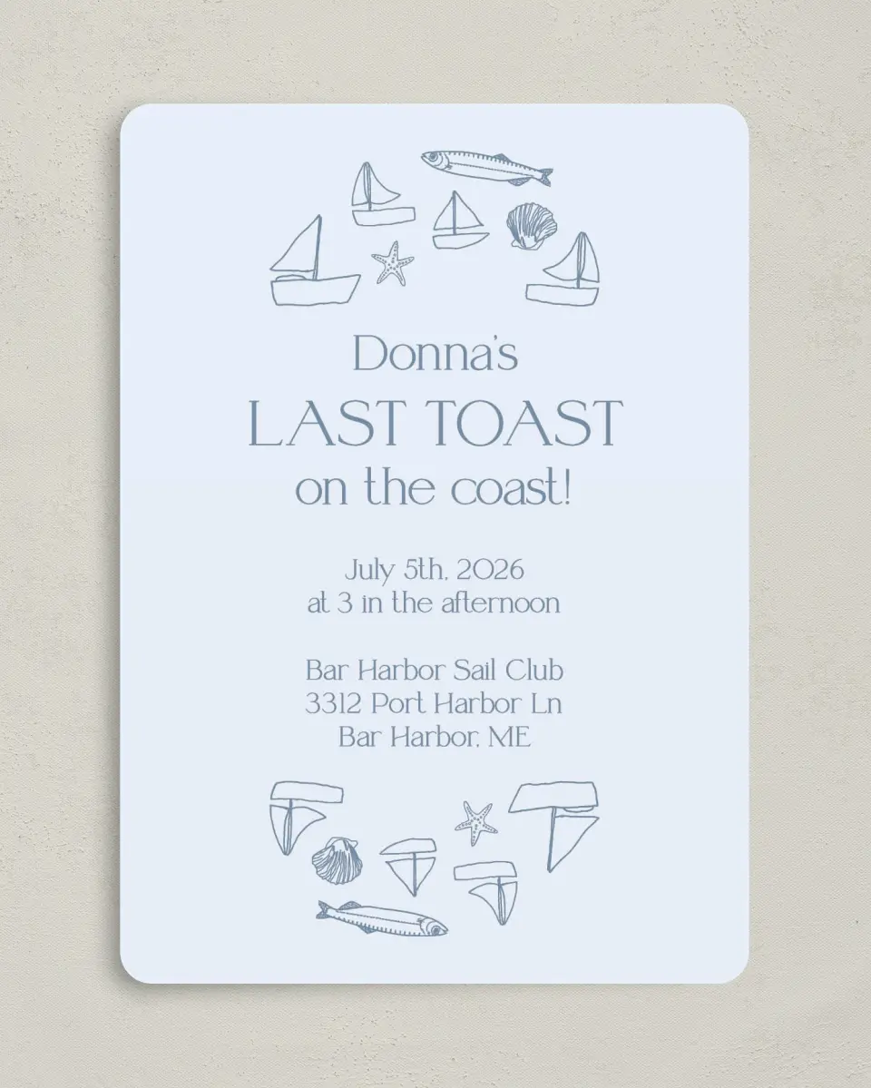 This is a 5" x 7" Bridal Shower Invitation called Last Toast printed in full color on Premium Smooth paper
