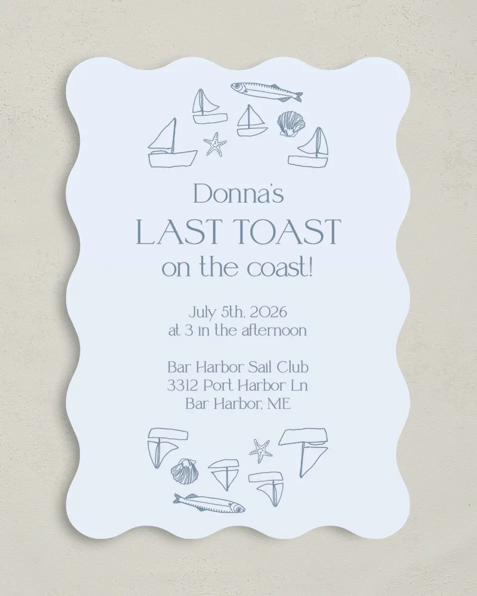 This is a 5" x 7" Bridal Shower Invitation called Last Toast printed in full color with Gold foil on Luxe Satin (coated) paper