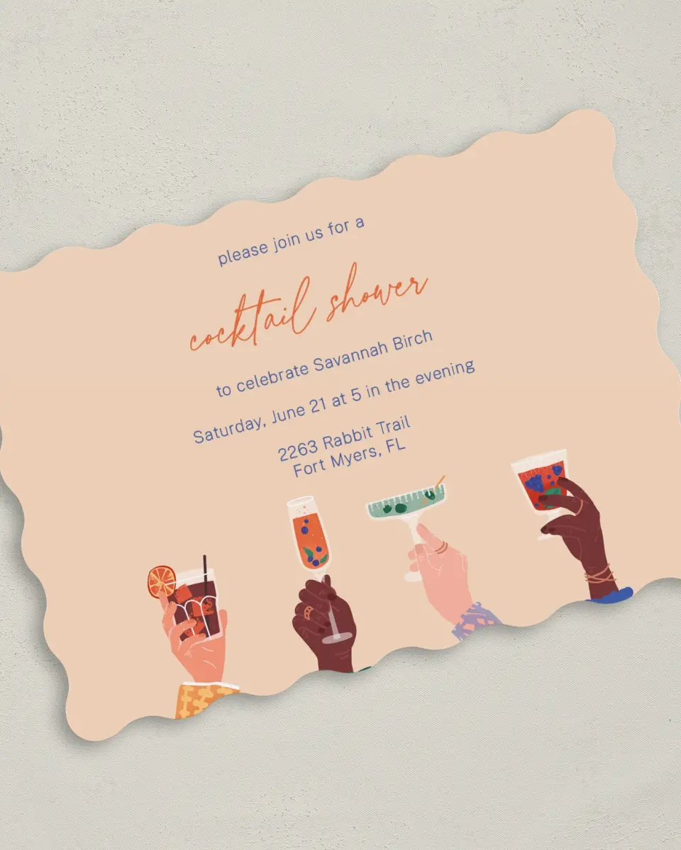 This is a 5" x 7" Bridal Shower Invitation called Cocktail Shower printed in full color on Premium Smooth paper