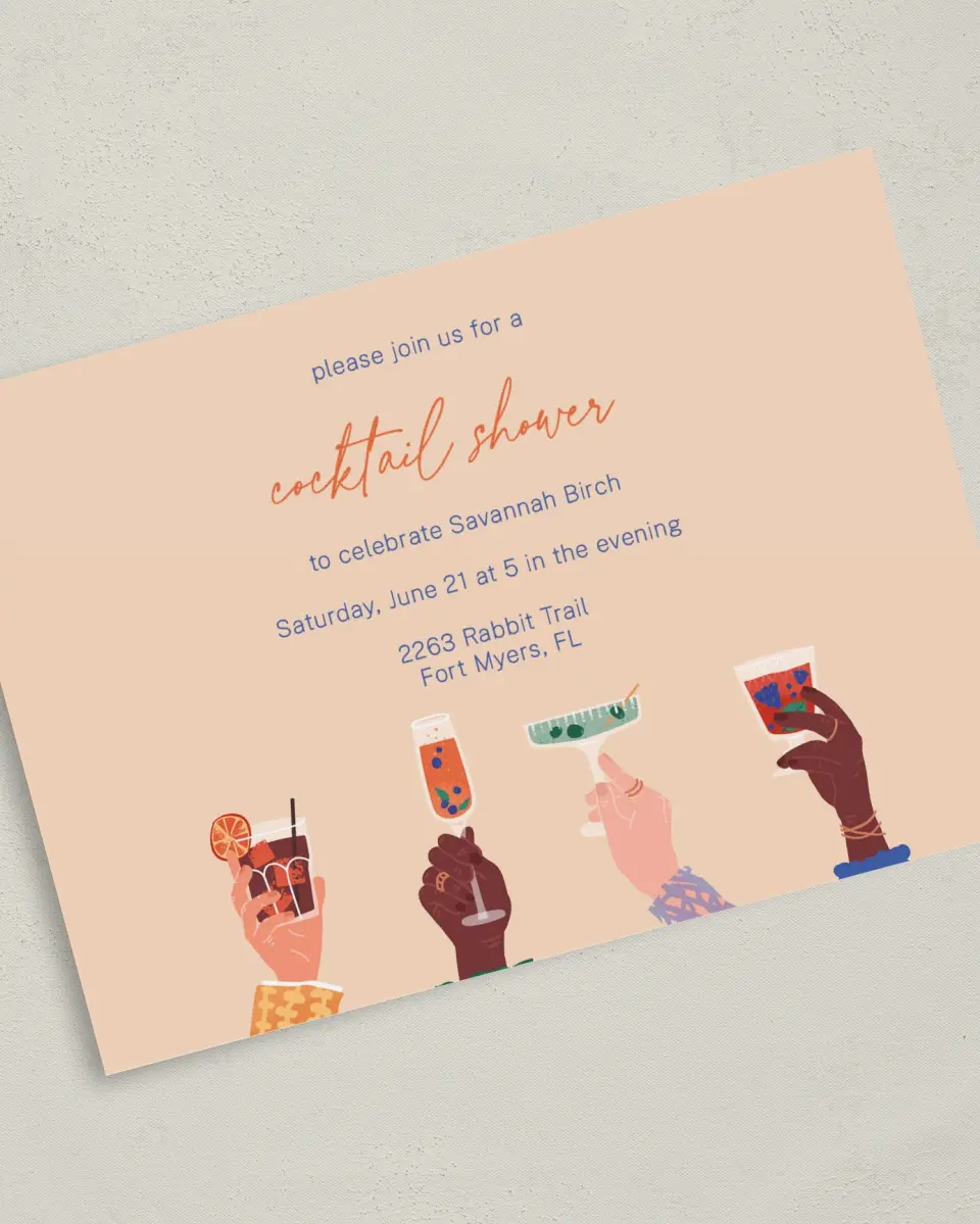 This is a 5" x 7" Bridal Shower Invitation called Cocktail Shower printed in full color with Silver foil on Luxe Satin (coated) paper