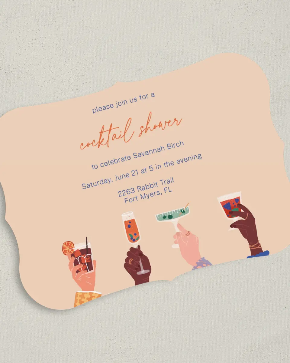 This is a 5" x 7" Bridal Shower Invitation called Cocktail Shower printed in full color on Premium Smooth paper