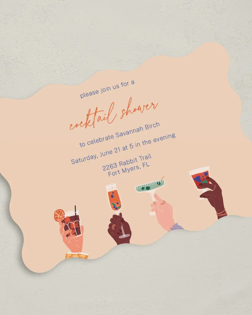 This is a 5" x 7" Bridal Shower Invitation called Cocktail Shower printed in full color with Gold foil on Luxe Satin (coated) paper