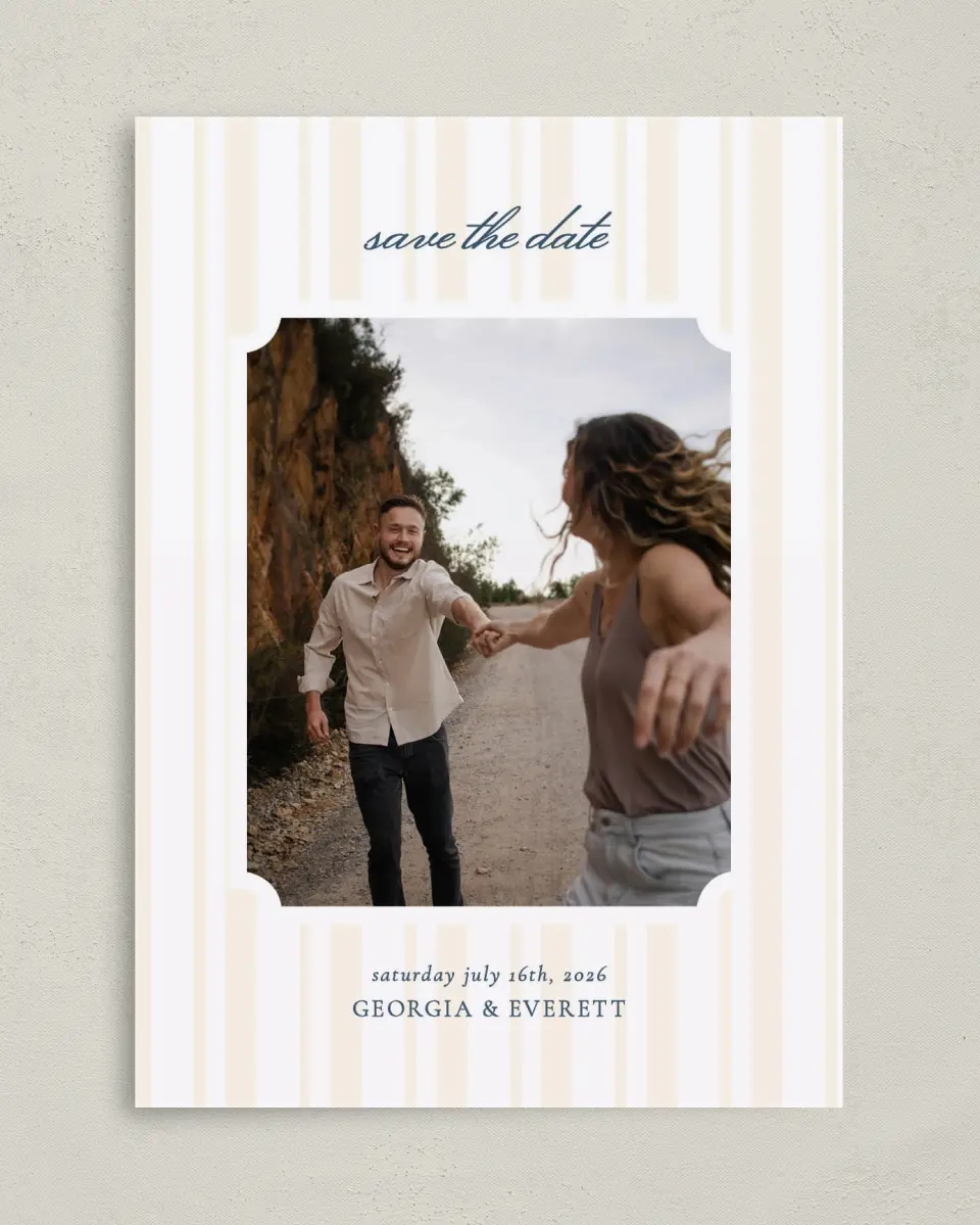 This is a 5" x 7" Save the Date Card called The Georgia printed in full color on Premium Smooth paper