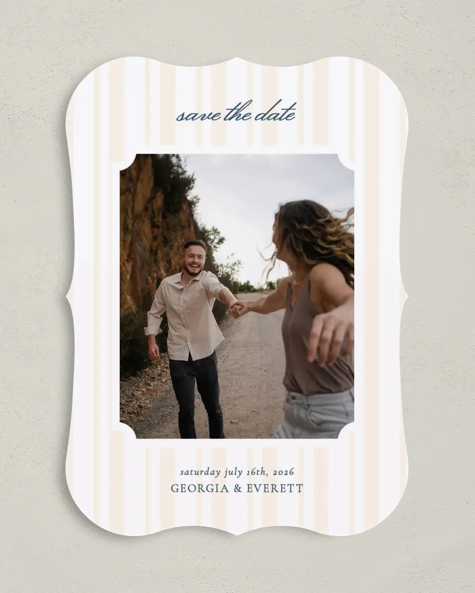 This is a 5" x 7" Save the Date Card called The Georgia printed in full color on Premium Smooth paper