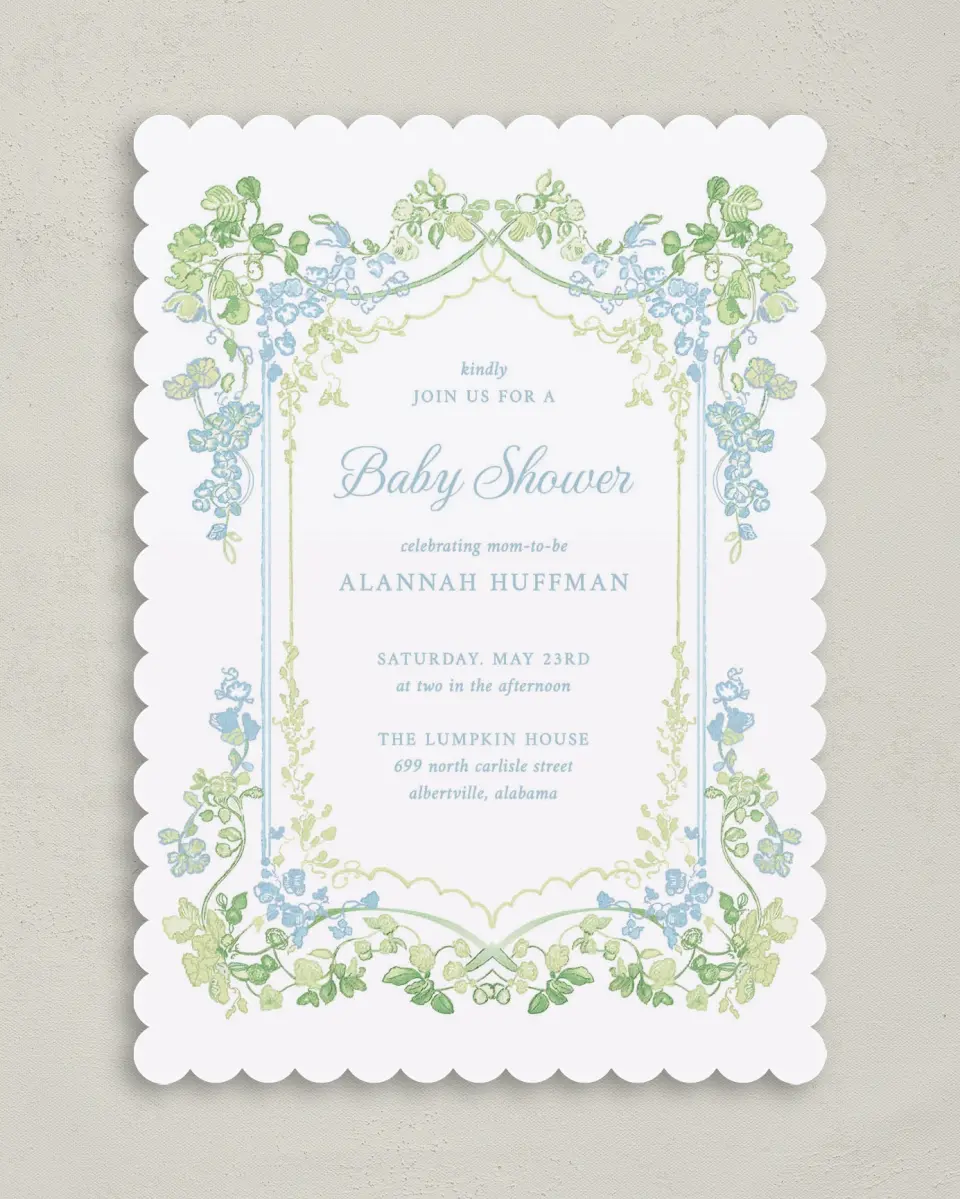 This is a 5" x 7" Baby Shower Invitation called Elegant Vines printed in full color on Premium Smooth paper