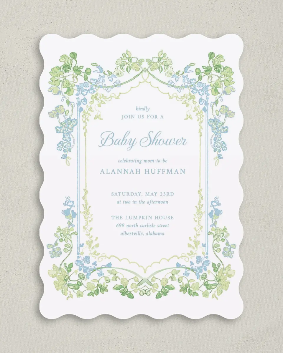This is a 5" x 7" Baby Shower Invitation called Elegant Vines printed in full color with Gold foil on Luxe Satin (coated) paper