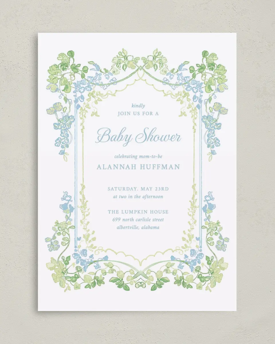 This is a 5" x 7" Baby Shower Invitation called Elegant Vines printed in full color with Gold foil on Luxe Satin (coated) paper