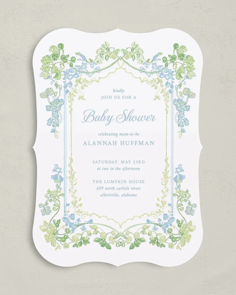 This is a 5" x 7" Baby Shower Invitation called Elegant Vines printed in full color on Premium Smooth paper