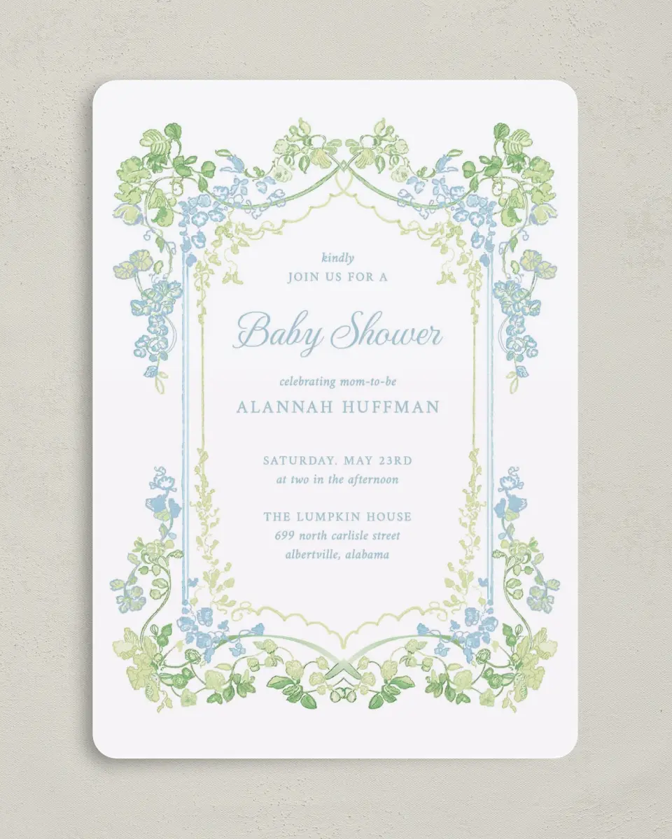 This is a 5" x 7" Baby Shower Invitation called Elegant Vines printed in full color on Premium Smooth paper