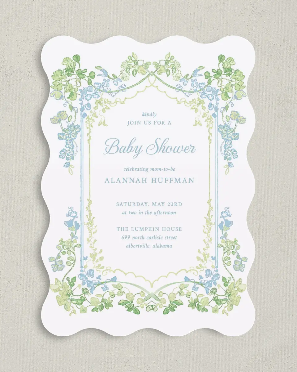 This is a 5" x 7" Baby Shower Invitation called Elegant Vines printed in full color on Premium Smooth paper