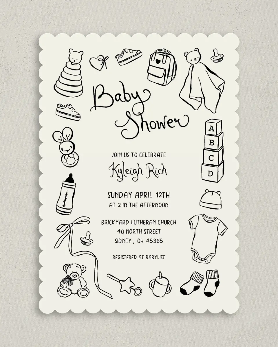 This is a 5" x 7" Bridal Shower Invitation called Darling Doodle printed in full color on Premium Smooth paper