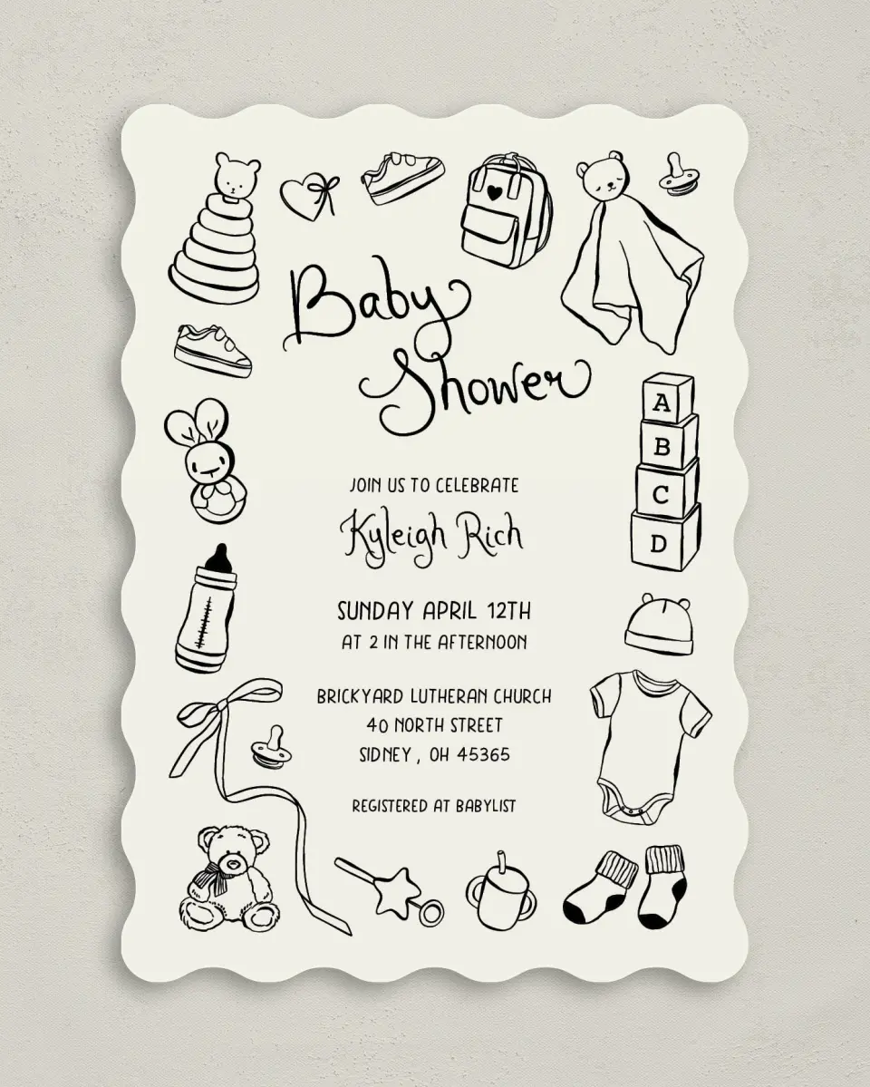 This is a 5" x 7" Baby Shower Invitation called Darling Doodle printed in full color with Gold foil on Luxe Satin (coated) paper
