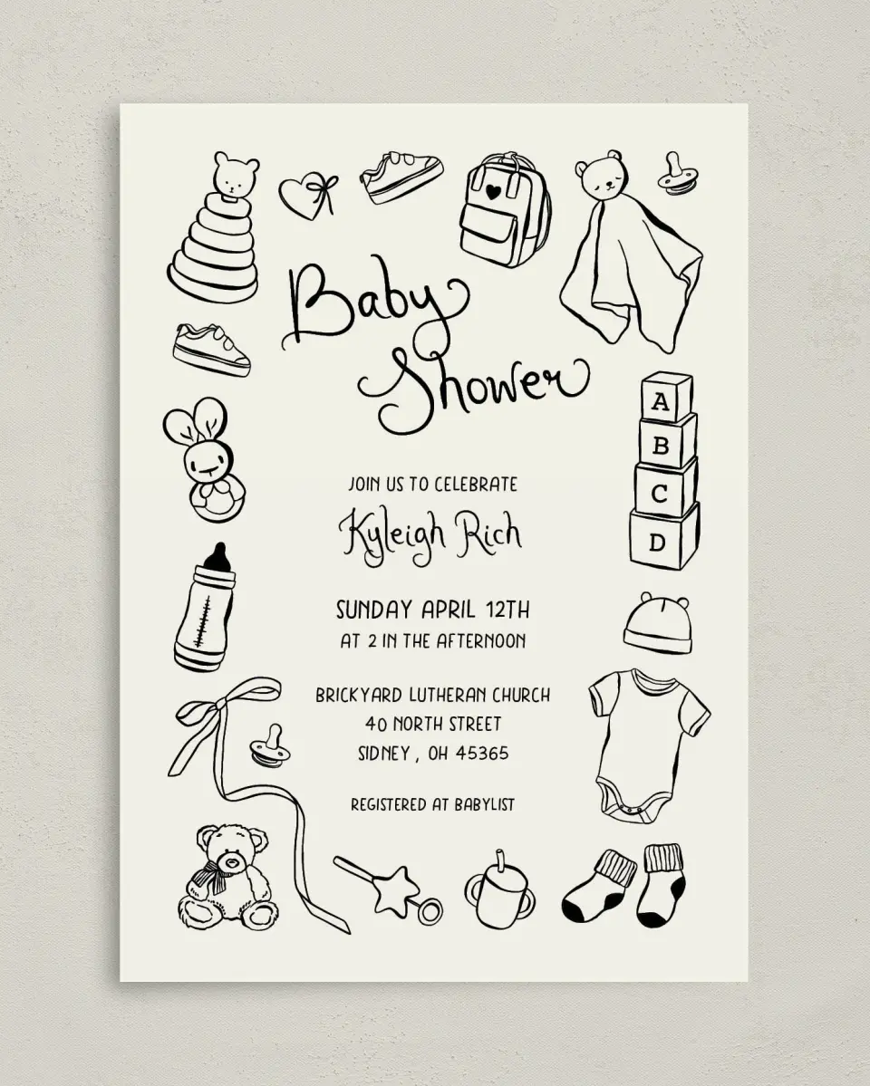 This is a 5" x 7" Bridal Shower Invitation called Darling Doodle printed in full color on Premium Smooth paper