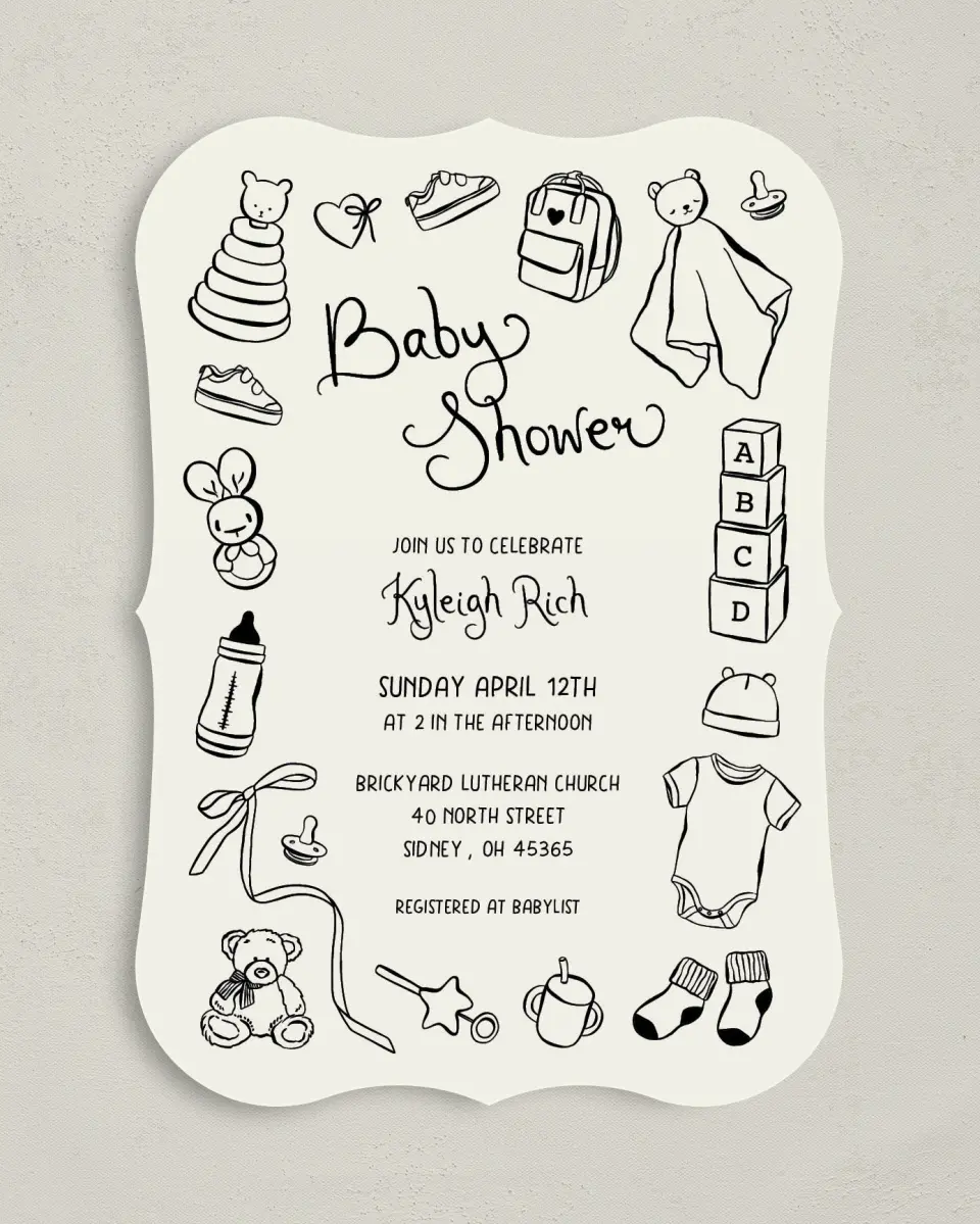 This is a 5" x 7" Baby Shower Invitation called Darling Doodle printed in full color on Premium Smooth paper