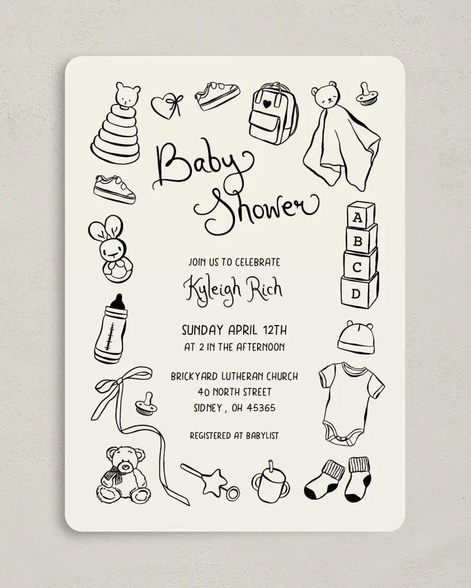 This is a 5" x 7" Bridal Shower Invitation called Darling Doodle printed in full color on Premium Smooth paper