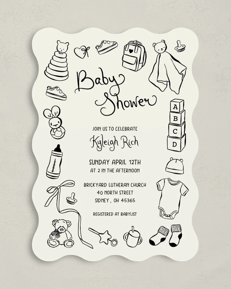 This is a 5" x 7" Baby Shower Invitation called Darling Doodle printed in full color on Premium Smooth paper