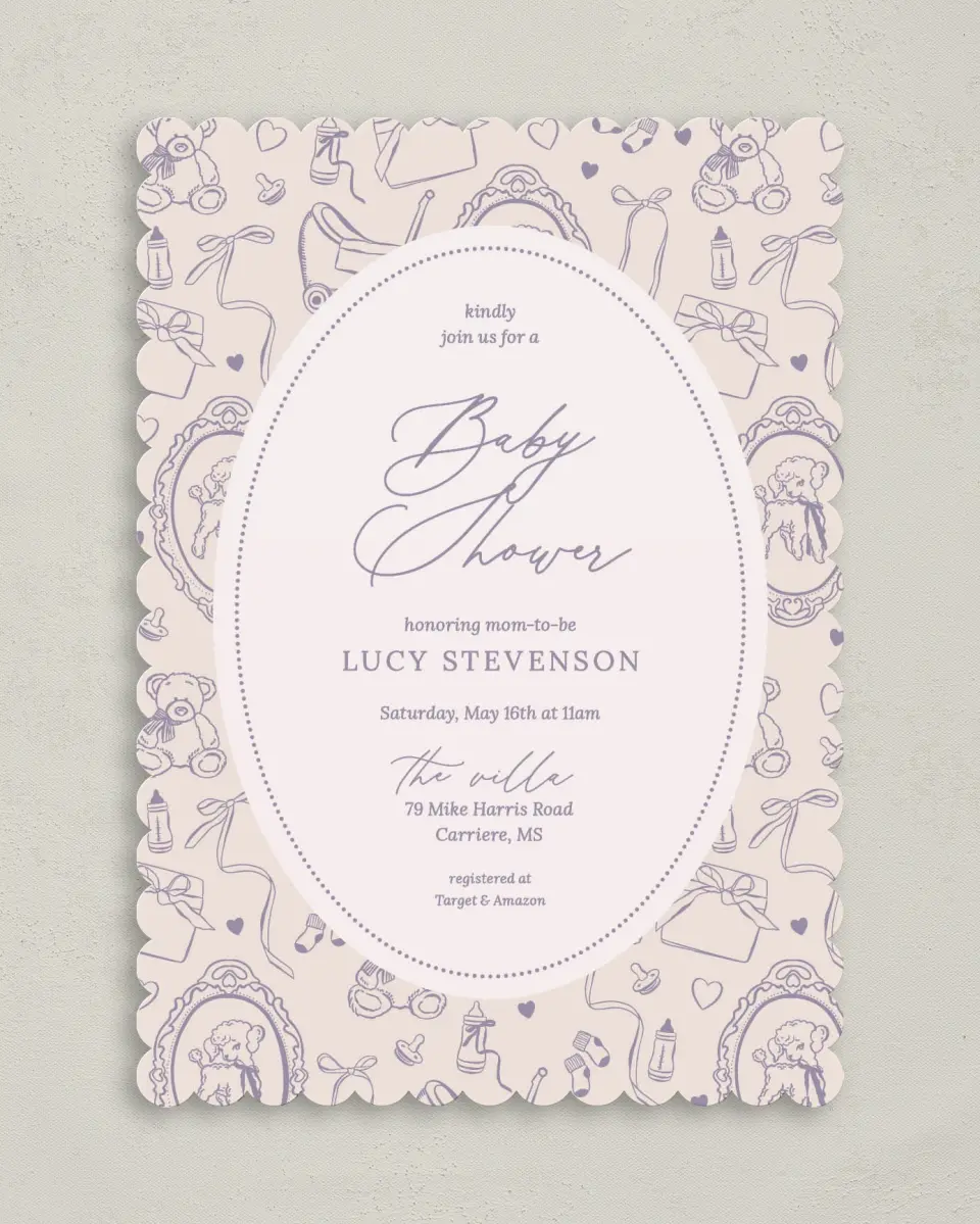 This is a 5" x 7" Bridal Shower Invitation called Bottles & Bows printed in full color on Premium Smooth paper