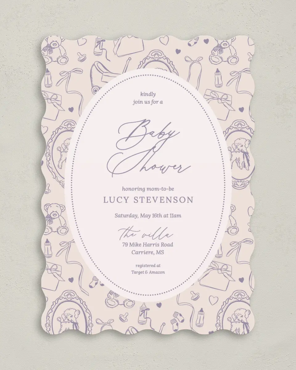 This is a 5" x 7" Baby Shower Invitation called Bottles & Bows printed in full color on Premium Smooth paper