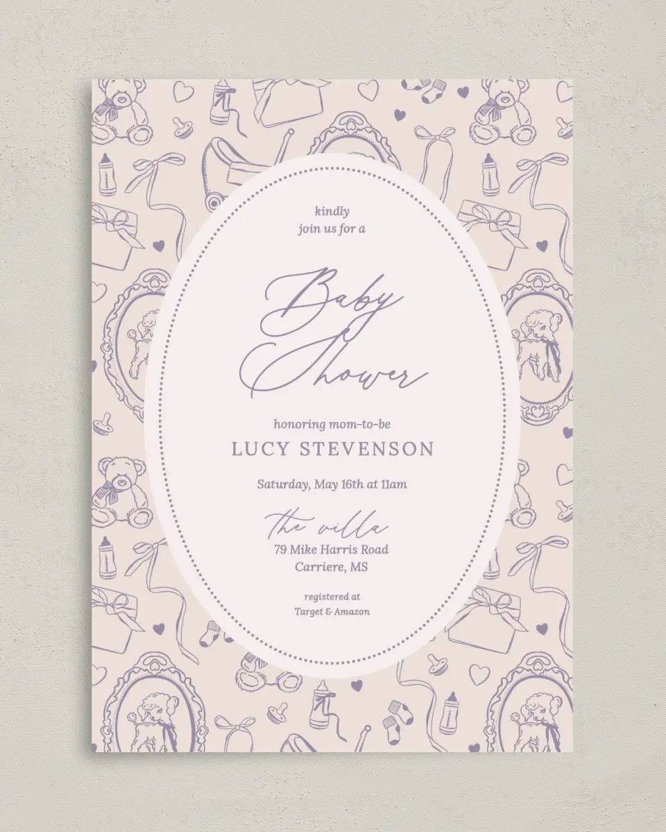 This is a 5" x 7" Bridal Shower Invitation called Bottles & Bows printed in full color on Premium Smooth paper