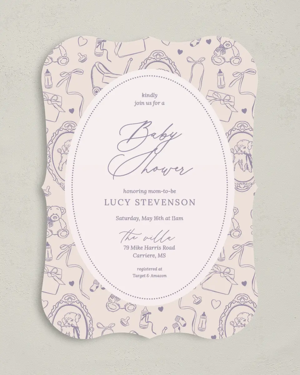 This is a 5" x 7" Baby Shower Invitation called Bottles & Bows printed in full color with Gold foil on Luxe Satin (coated) paper