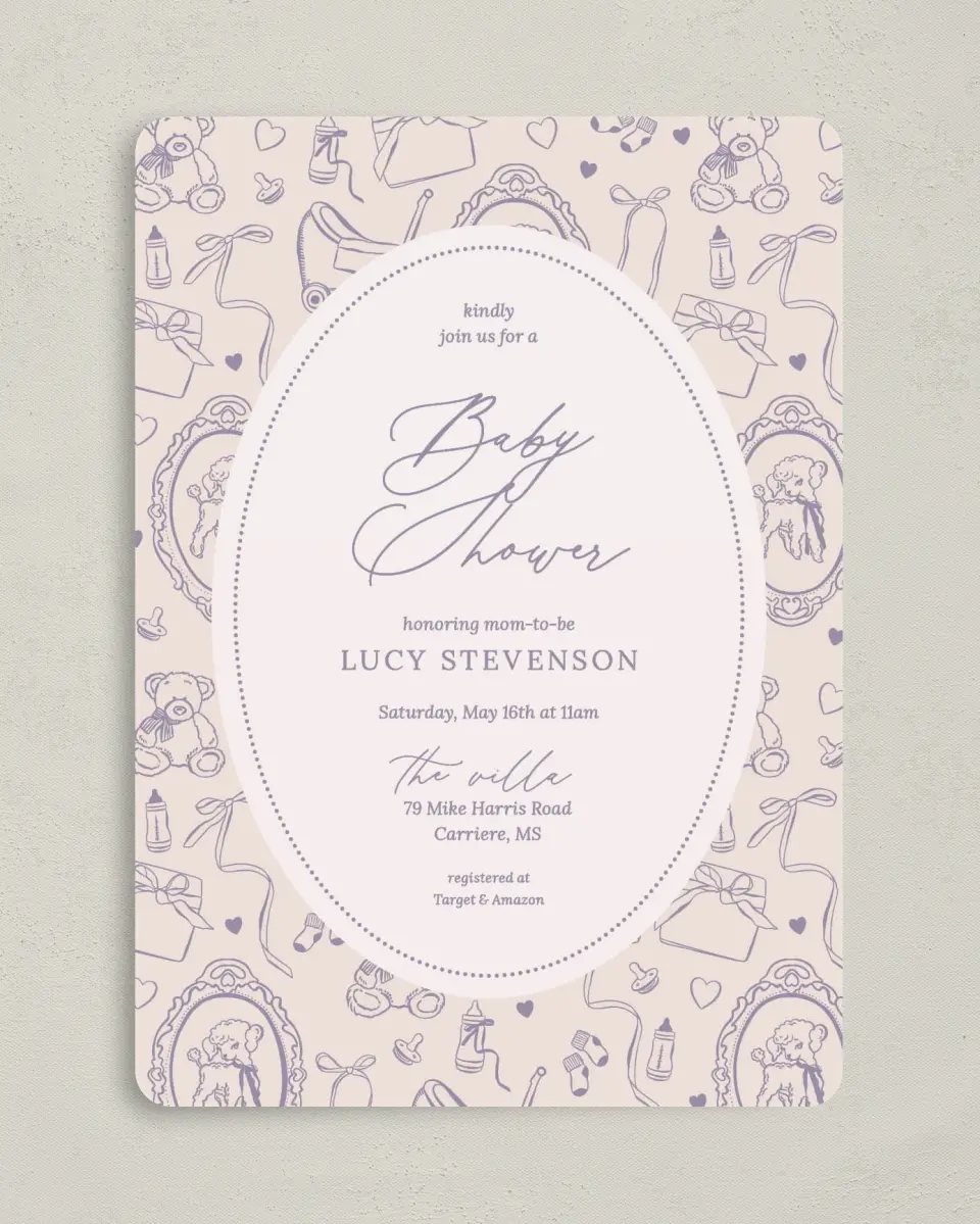 This is a 5" x 7" Bridal Shower Invitation called Bottles & Bows printed in full color on Premium Smooth paper