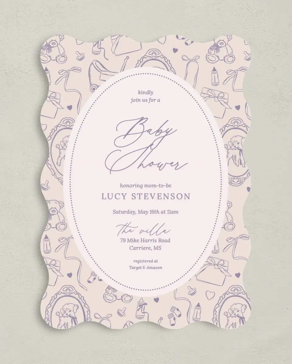 This is a 5" x 7" Baby Shower Invitation called Bottles & Bows printed in full color on Premium Smooth paper