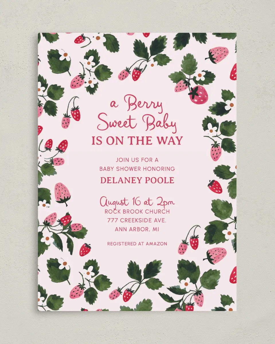 This is a 5" x 7" Bridal Shower Invitation called Berry Sweet Baby printed in full color on Premium Smooth paper