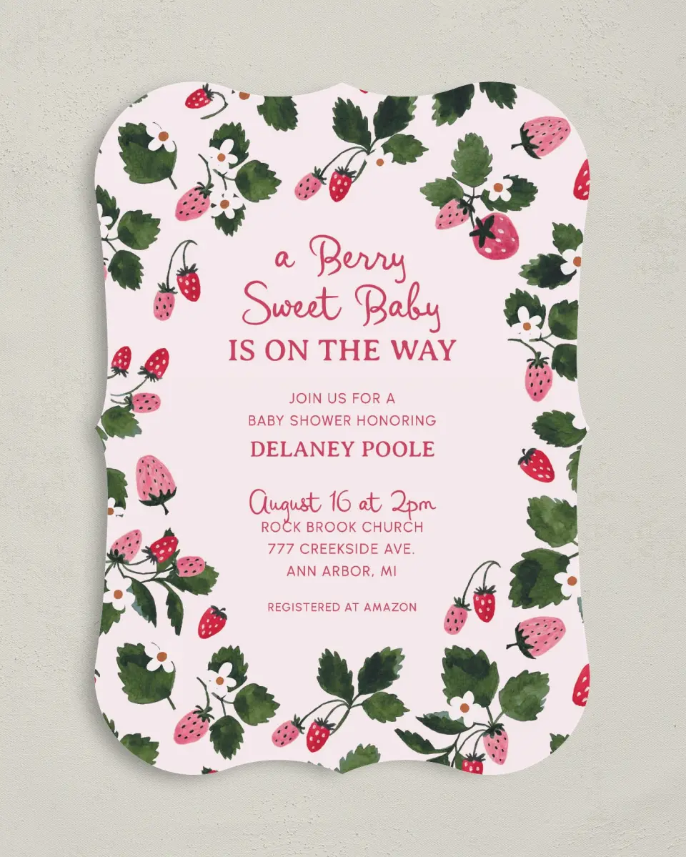 This is a 5" x 7" Baby Shower Invitation called Berry Sweet Baby printed in full color on Premium Smooth paper