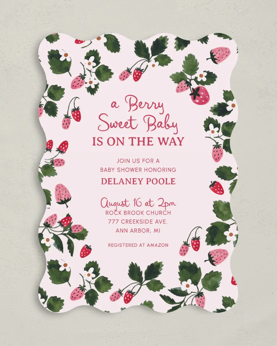 This is a 5" x 7" Baby Shower Invitation called Berry Sweet Baby printed in full color on Premium Smooth paper