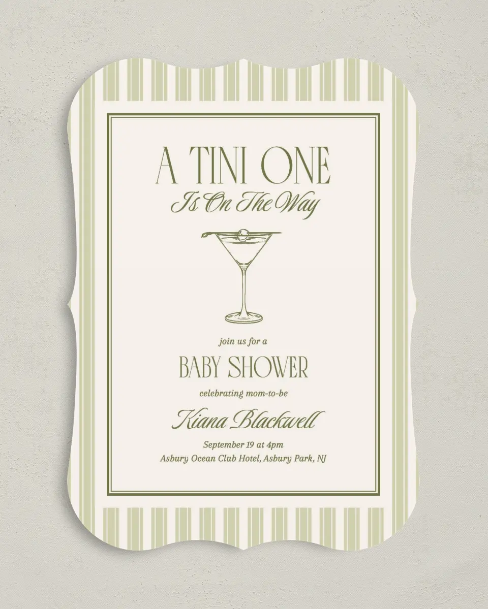 This is a 5" x 7" Baby Shower Invitation called A Tini One printed in full color on Premium Smooth paper