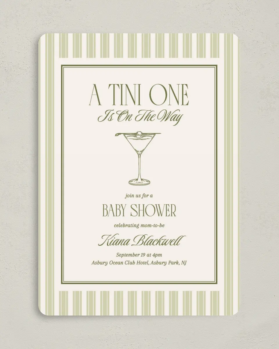 This is a 5" x 7" Baby Shower Invitation called A Tini One printed in full color on Premium Smooth paper