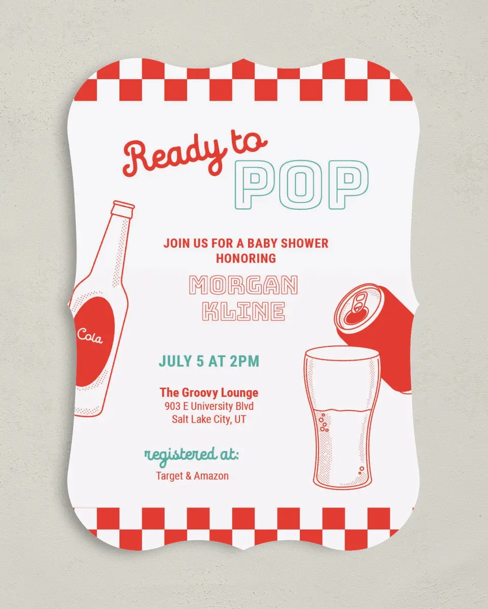 This is a 5" x 7" Baby Shower Invitation called Soda Pop printed in full color on Premium Smooth paper
