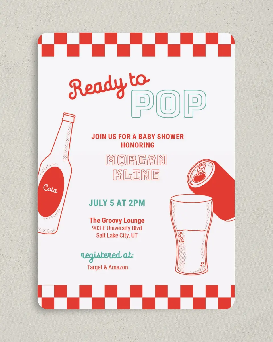 This is a 5" x 7" Baby Shower Invitation called Soda Pop printed in full color on Premium Smooth paper