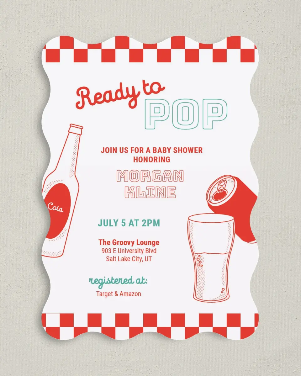 This is a 5" x 7" Baby Shower Invitation called Soda Pop printed in full color on Premium Smooth paper