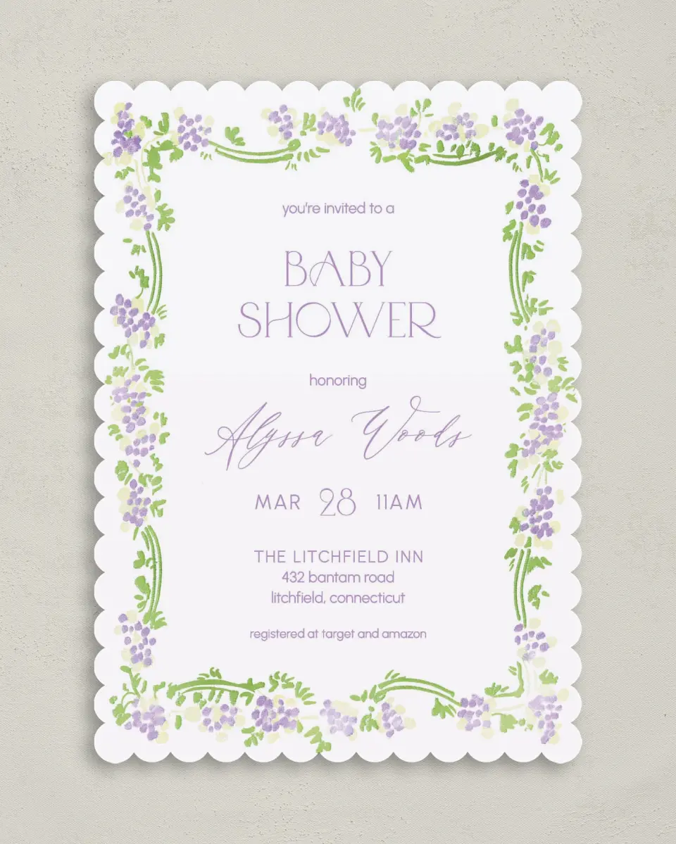This is a 5" x 7" Bridal Shower Invitation called Lavender Bloom printed in full color on Premium Smooth paper