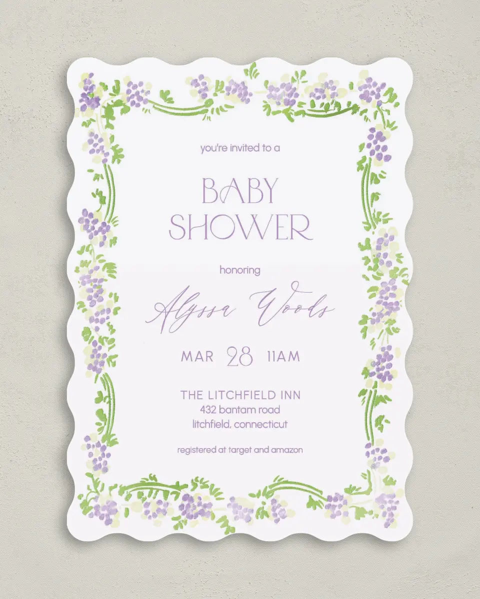 This is a 5" x 7" Baby Shower Invitation called Lavender Bloom printed in full color with Rose Gold foil on Luxe Satin (coated) paper