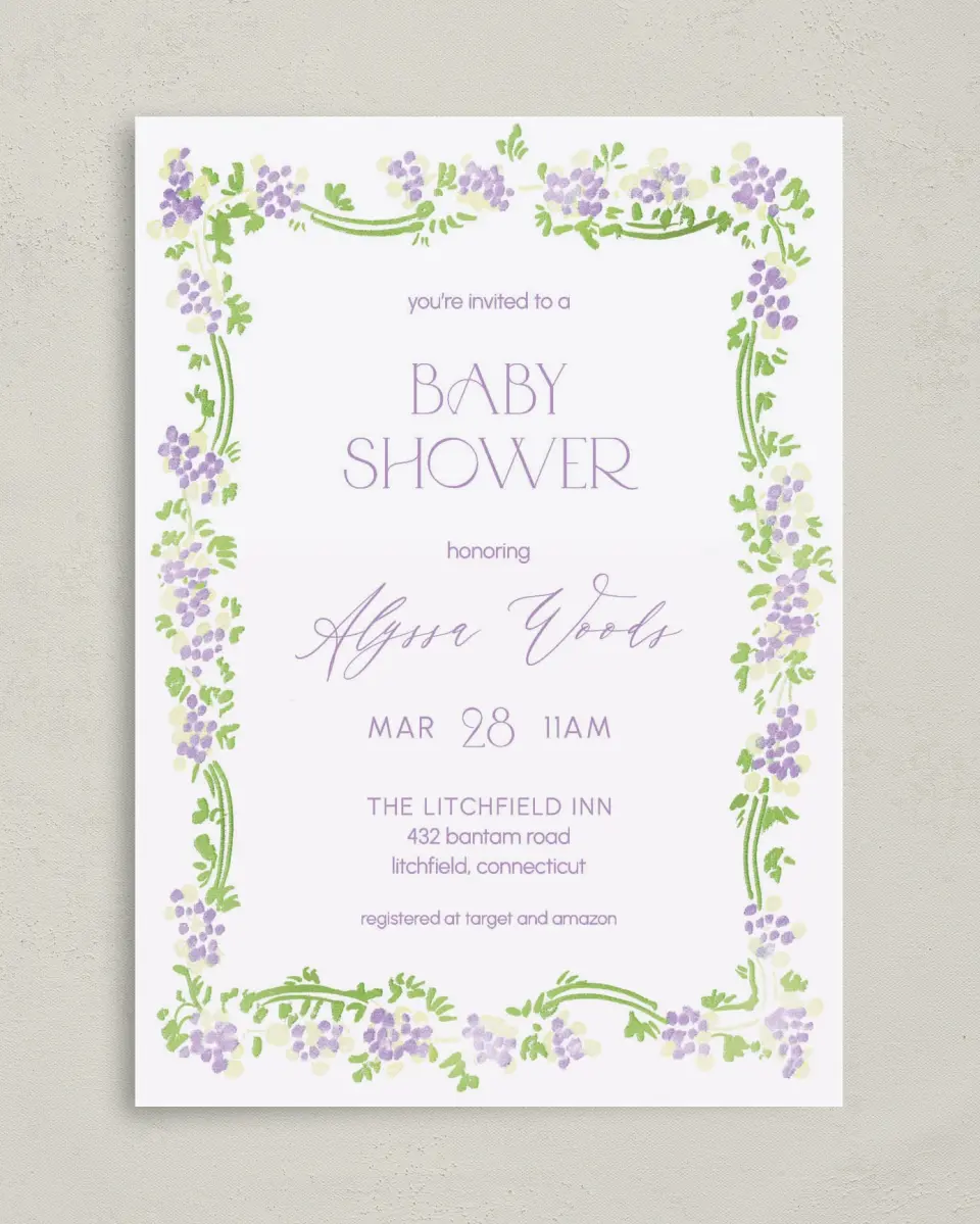 This is a 5" x 7" Bridal Shower Invitation called Lavender Bloom printed in full color on Premium Smooth paper