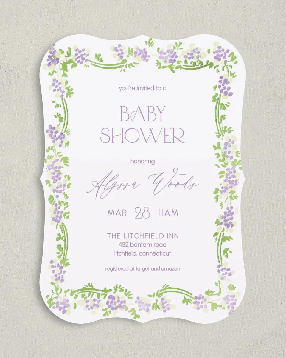 This is a 5" x 7" Baby Shower Invitation called Lavender Bloom printed in full color on Premium Smooth paper