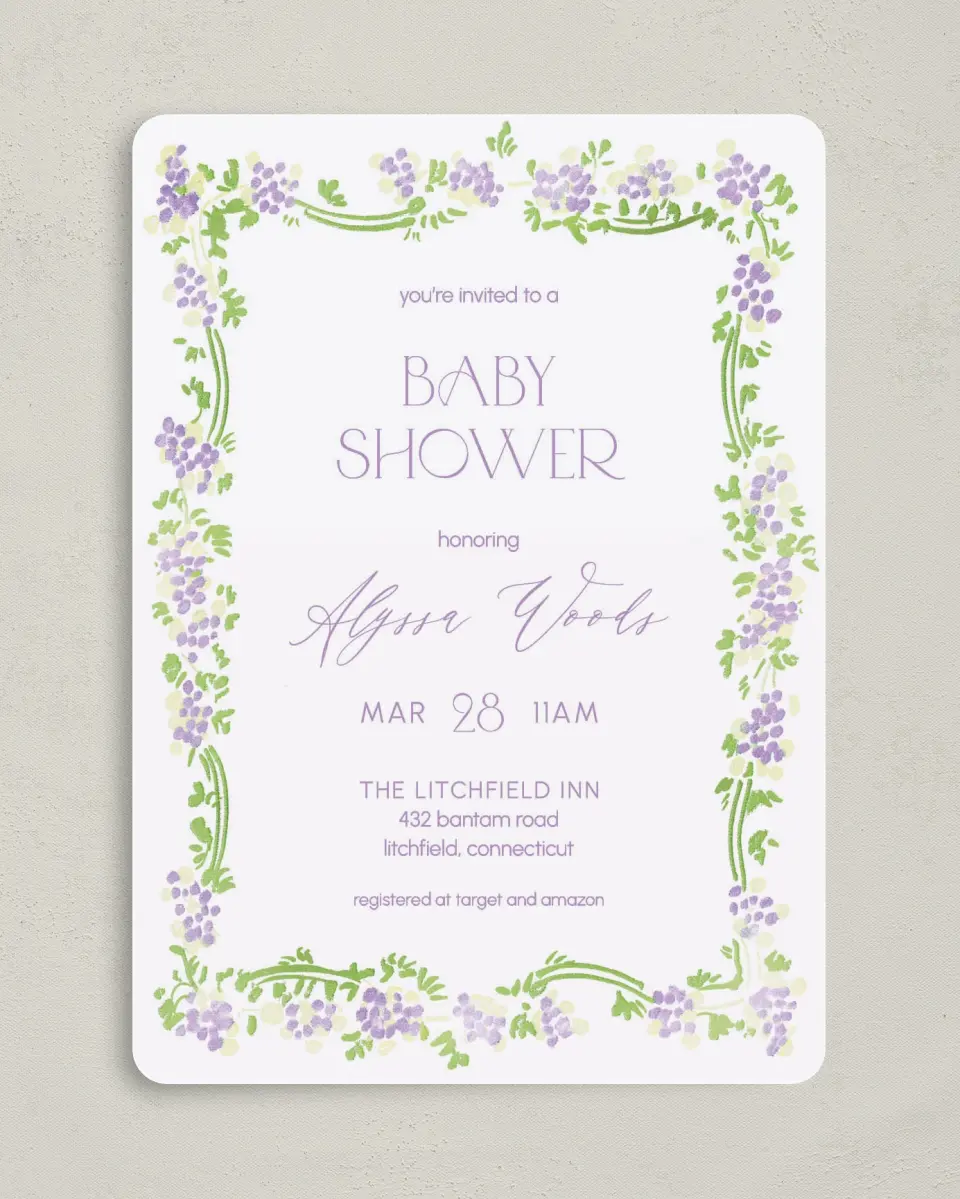 This is a 5" x 7" Bridal Shower Invitation called Lavender Bloom printed in full color on Premium Smooth paper