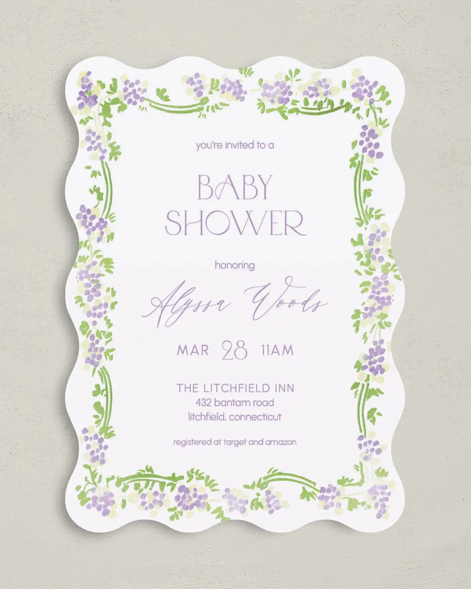 This is a 5" x 7" Baby Shower Invitation called Lavender Bloom printed in full color on Premium Smooth paper