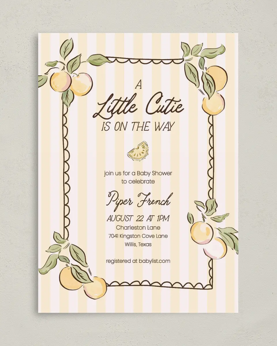 This is a 5" x 7" Baby Shower Invitation called Summer Cutie printed in full color with Gold foil on Luxe Satin (coated) paper