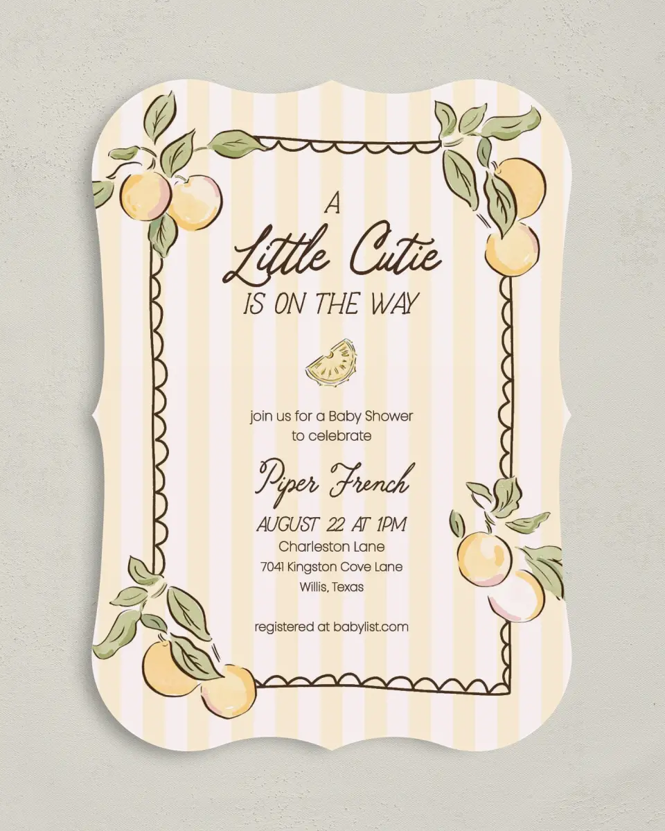 This is a 5" x 7" Baby Shower Invitation called Summer Cutie printed in full color on Premium Smooth paper