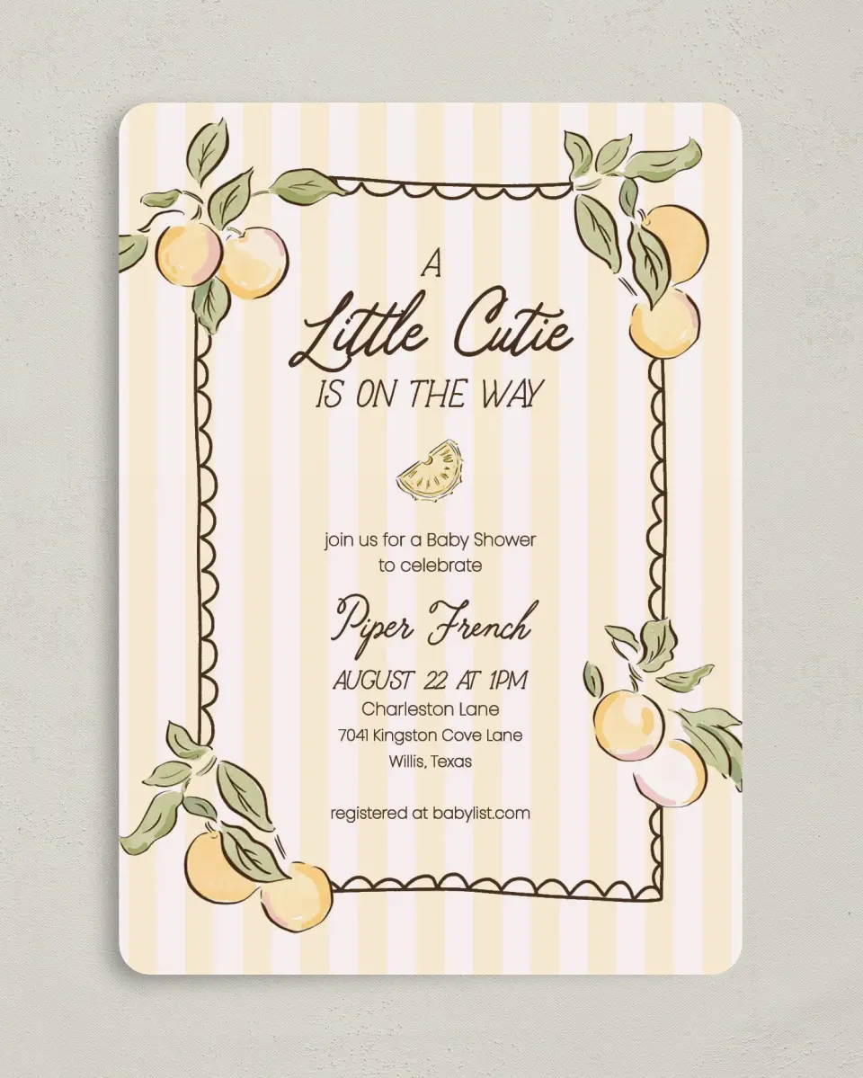 This is a 5" x 7" Baby Shower Invitation called Summer Cutie printed in full color on Premium Smooth paper